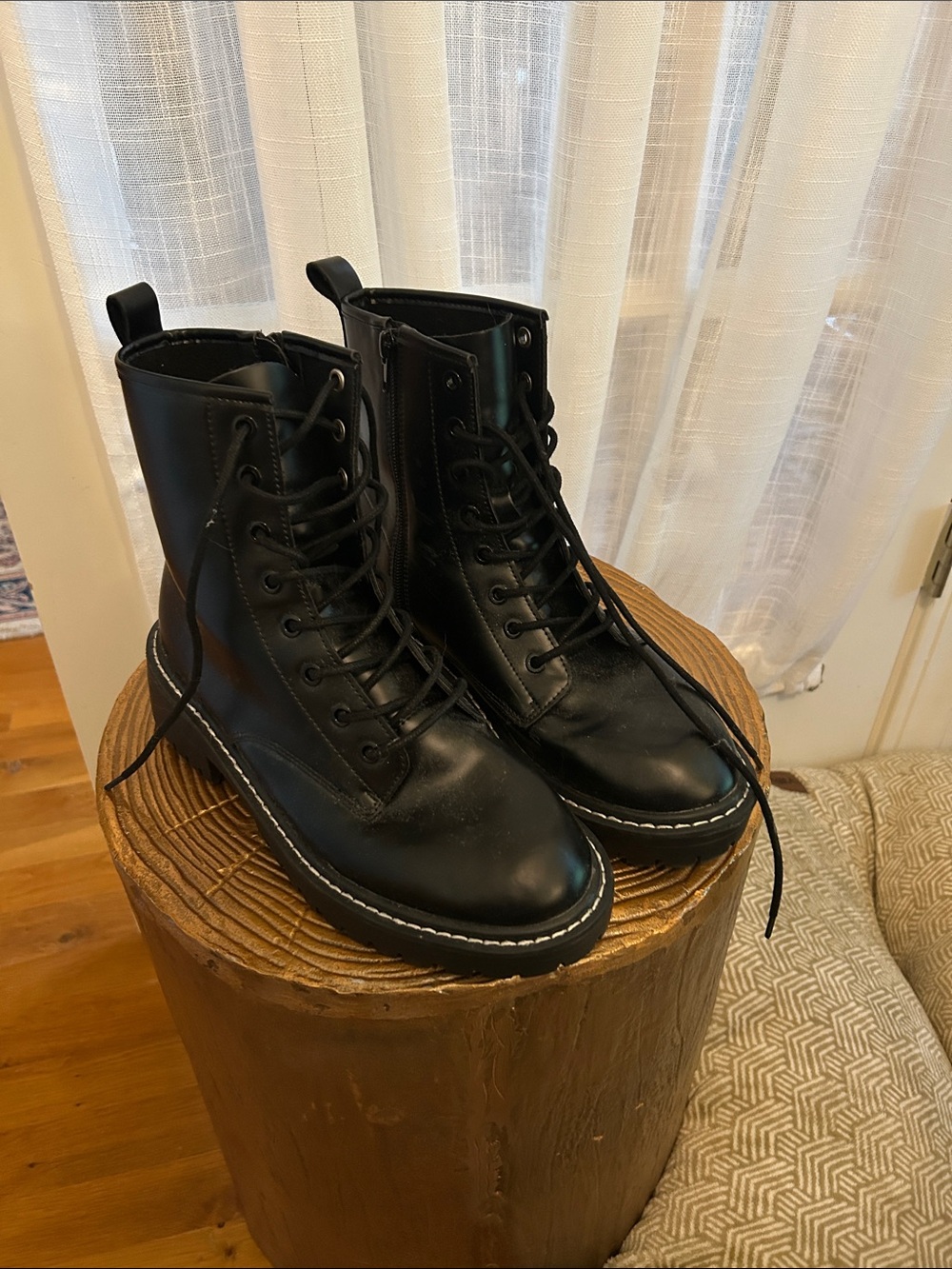 Women's Black Leather Lace-Up Combat Mules with Side Zip